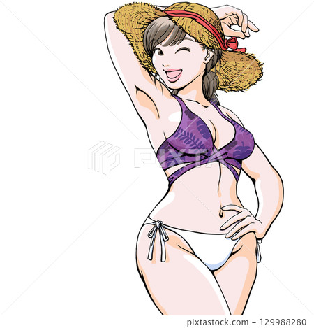 身穿泳衣的年輕女子擺出性感姿勢_上身草帽 129988280