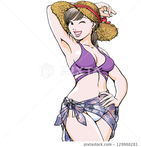 Young woman in swimsuit making sexy pose _ upper body straw pareo 129988281