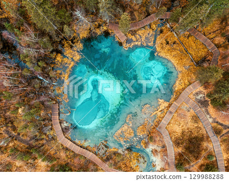 Beautiful Blue Geyser lake with thermal springs that periodically throw blue clay and silt from the ground. Aerial top down drone view. Geyser Lake is a natural attraction near Aktash, Altai mountains 129988288