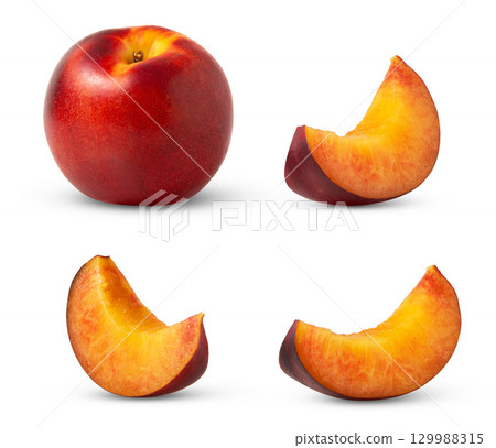 Nectarine peach fruits whole and slices set isolated. Nectarine peach slices. 129988315
