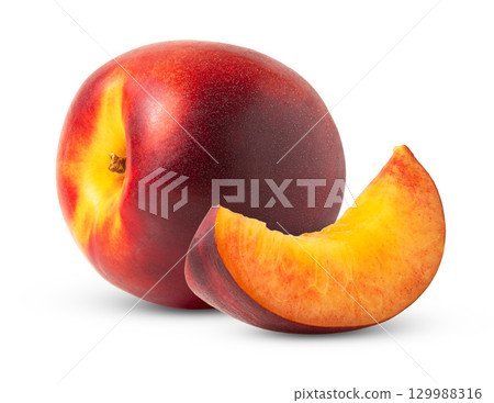 Whore ripe nectarine fruit and slice isolated. Nectarine peach with clipping path. 129988316