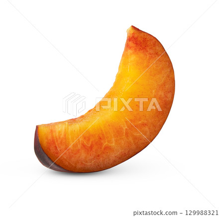 Slice of nectarine or plum, standing, isolated with clipping path and full depth of field. 129988321