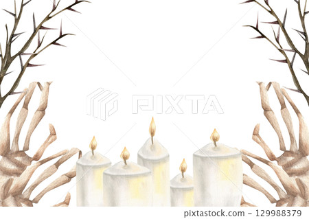 Halloween scary gothic banner template with watercolor hand bones,thorn branches and white candles illustration. October festive creepy frame, human body parts and esoteric witchy elements for poster 129988379