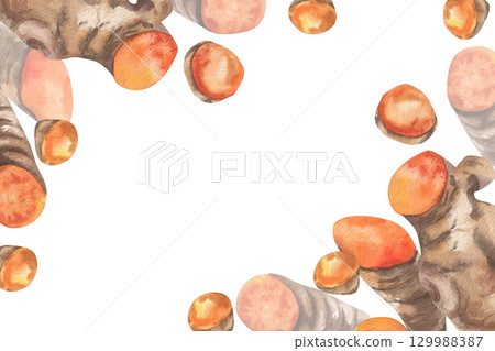 Turmeric roots spice watercolor banner template. Hand drawn indian and oriental cuisine orange spice clipart, spicy roots and slices for sauce and beverage ingredient. Hot food drawing for packing 129988387