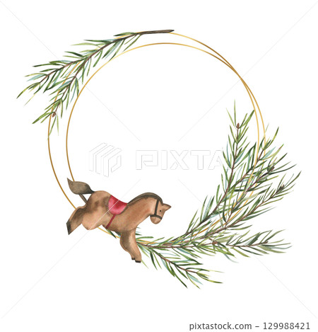 Christmas wreath with spruce branches and wooden retro horse toy illustration on golden frames. Hand drawn New year festive decor, round floral clipart for greeting card,poster, packing design 129988421