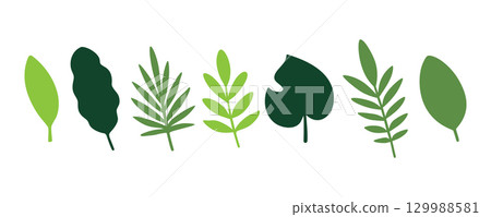 Flat tropical leaves silhouettes in green shades. Assorted botanical foliage icons for summer, jungle, and eco-themed designs Flat tropical leaves silhouettes in green shades. Assorted botanical foliage icons for summer, jungle, and eco-themed designs 129988581