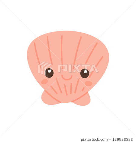 Smiling cartoon pink seashell. Flat vector cute marine object illustration for children ocean designs 129988588