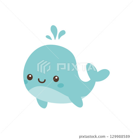 Cute cartoon whale with water splash. Flat vector sea animal illustration perfect for children marine-themed designs Cute cartoon whale with water splash. Flat vector sea animal illustration perfect for children marine-themed designs 129988589
