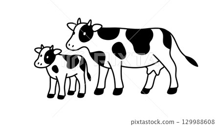 Mother and calf minimalist vector in black and white. Linear flat style of dairy cows for family farm and natural milk themes 129988608