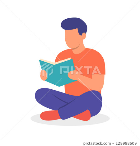 Man reading book while sitting cross-legged. Colorful flat design 129988609