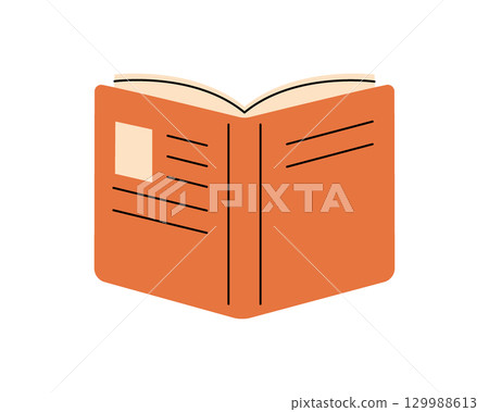 Vector illustration of an open book with orange cover. Stylized front view showing cover lines and label 129988613