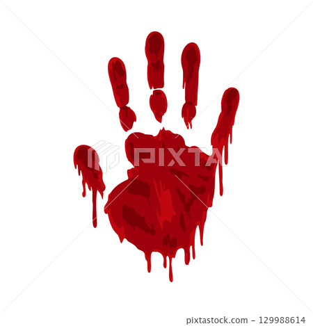 Spooky dripping red handprint illustration for horror or Halloween visuals. Wet blood vector design 129988614