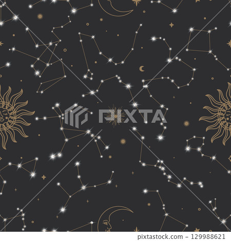 Seamless Constellation Pattern with Stars, Moon and Sun on Dark Background 129988621