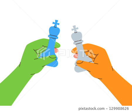 Two colorful hands holding opposing kings showing rivalry, competition and the balance of chess power 129988626