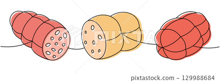 Raw sausage, meat sausage, traditional sausage one line colored continuous drawing. Butchery menu. Vector illustration Raw sausage, meat sausage, traditional sausage one line colored continuous drawing. Butchery menu. Vector illustration 129988684