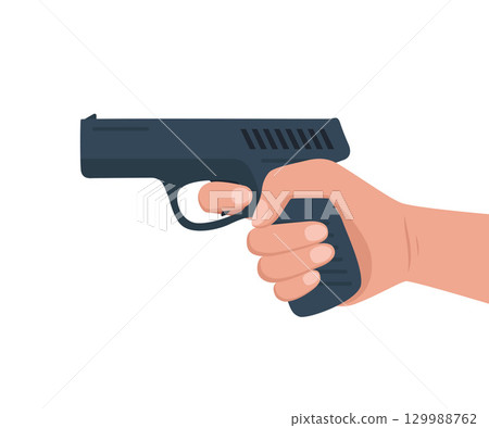 The hand holds the gun. The hand shoots the pistol with bullets. Flat design, vector illustration The hand holds the gun. The hand shoots the pistol with bullets. Flat design, vector illustration 129988762