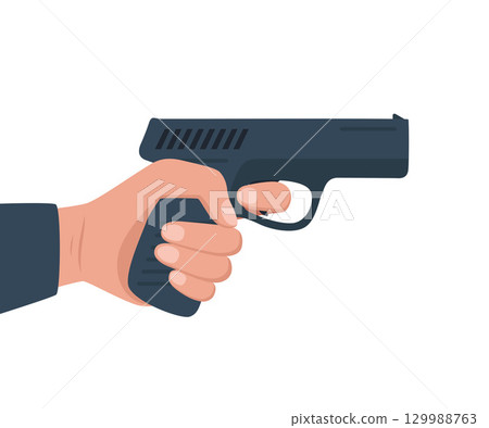 The hand holds the gun. The hand shoots the pistol with bullets. Flat design, vector illustration The hand holds the gun. The hand shoots the pistol with bullets. Flat design, vector illustration 129988763