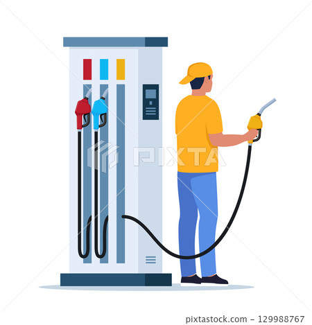 Man worker in gas station uniform pouring tank of car driver, petrol gasoline pump fuel transportation oil refuel biofuel automobile, splendid. Vector illustration. Man worker in gas station uniform pouring tank of car driver, petrol gasoline pump fuel transportation oil refuel biofuel automobile, splendid. Vector illustration. 129988767