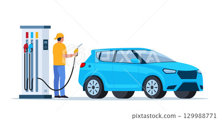 Man worker in gas station uniform pouring tank of car driver, petrol gasoline pump fuel transportation oil refuel biofuel automobile, splendid. Vector illustration. Man worker in gas station uniform pouring tank of car driver, petrol gasoline pump fuel transportation oil refuel biofuel automobile, splendid. Vector illustration. 129988771