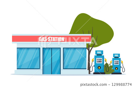 Facade of building of petrol, gas or filling station isolated on white background. Facility selling fuel or gasoline equipped with petroleum pumps. Colorful vector illustration in flat style. 129988774