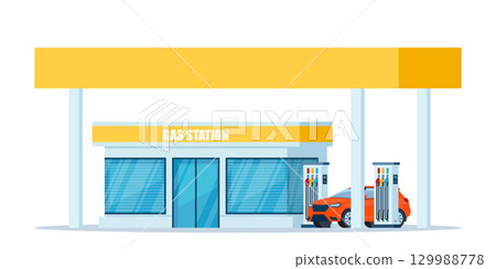 Facade of building of petrol, gas or filling station isolated on white background. Facility selling fuel or gasoline equipped with petroleum pumps. Colorful vector illustration in flat style. 129988778