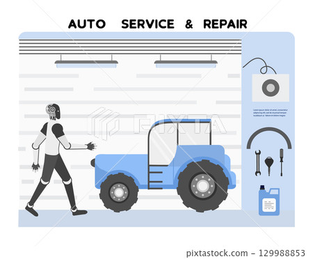 Robot entering auto repair garage with blue vehicle and various tools, highlighting technology theme 129988853