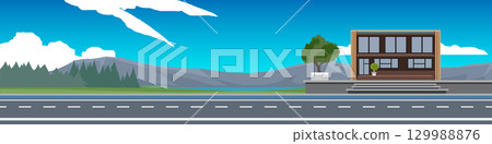 Horizontal or Landscape view of asphalt road. Long paved road cuts through a vast area of grassland and forest with reservoir surrounded by mountains. Along the roadside is a minimalist resort. Horizontal or Landscape view of asphalt road. Long paved road cuts through a vast area of grassland and forest with reservoir surrounded by mountains. Along the roadside is a minimalist resort. 129988876