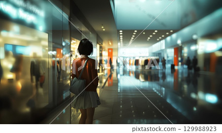 一名女子在建築物走廊行走的背影 129988923