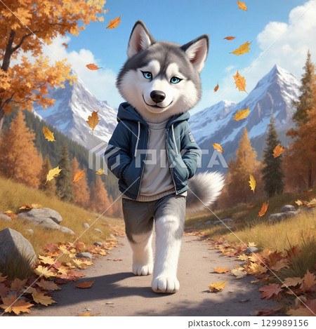 西伯利亞雪橇犬在秋葉中輕快地行走 129989156