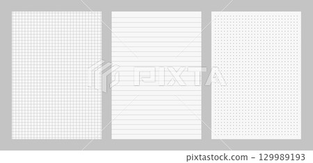 Paper notebook with grid, line, and dot. School sheets pattern on white background. Blank template for college education. 129989193