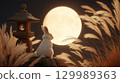 Full moon, stone lantern, Japanese-style landscape with silver grass and rabbit 129989363