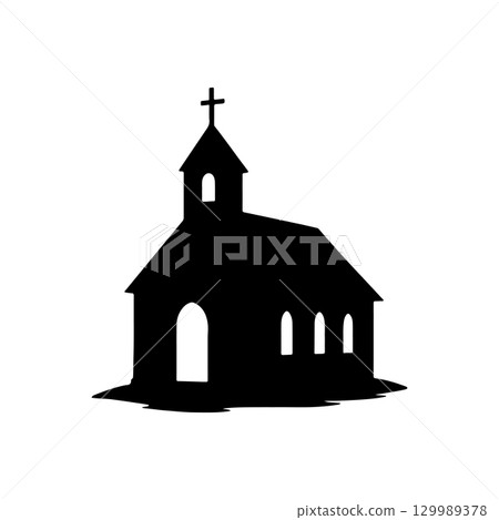 silhouette of a small church building with steeple and cross isolated on white background silhouette of a small church building with steeple and cross isolated on white background 129989378