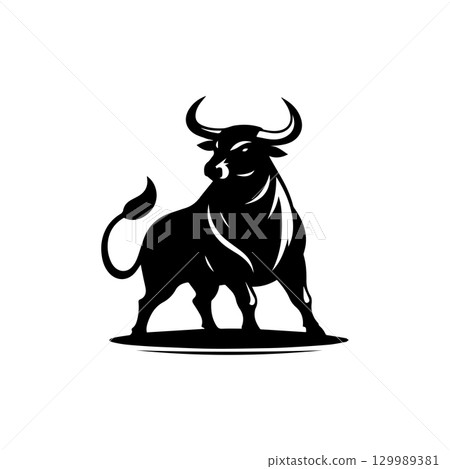silhouette of a standing bull with tail curled up isolated on white background silhouette of a standing bull with tail curled up isolated on white background 129989381
