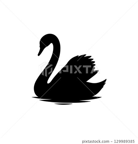 silhouette of a swan swimming on calm water isolated on white background 129989385