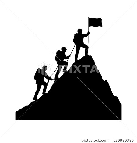 silhouette of a team climbing a mountain and reaching the summit isolated on white background 129989386