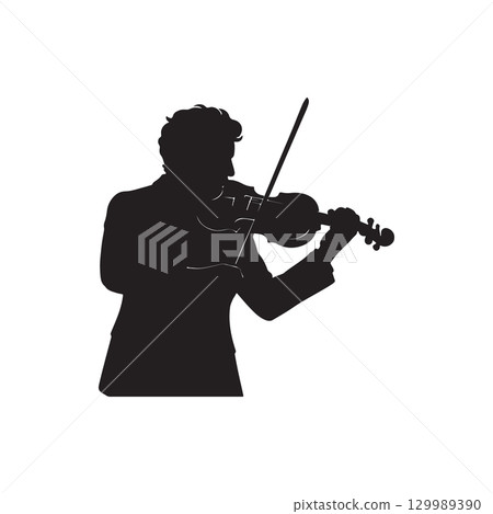 silhouette of a violinist performing with bow raised and instrument held, classical music scene on white background 129989390