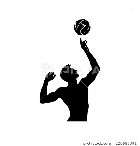 silhouette of a volleyball player spiking the ball isolated on white background 129989391
