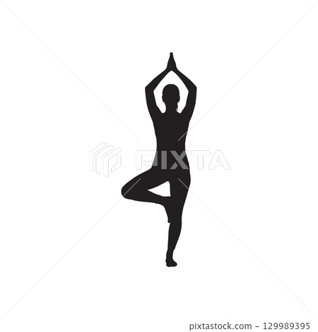 silhouette of a woman performing yoga tree pose with hands raised isolated on white background 129989395