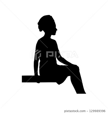 silhouette of a woman sitting on a bench in side view isolated on white background 129989396