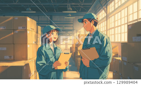 Anime-style illustration: Smiling male and female staff working in a logistics warehouse Anime-style illustration: Smiling male and female staff working in a logistics warehouse 129989404