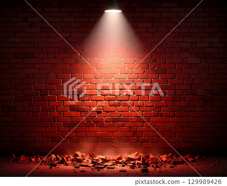 Cracked red brick wall illuminated by a spotlight 129989426