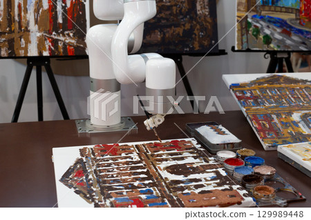 Robotic arm creating painting, symbol of artificial intelligence entering the world of art. Fusion of creativity, innovation and future technology in artistic expression 129989448