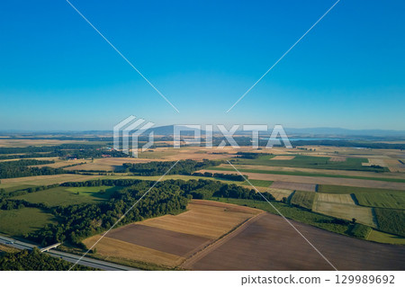 Fields and forests with mountain in background 129989692