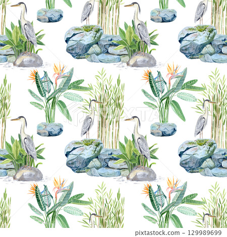 Asian style garden with a pond, wall gates, gazebo, decorative plants, watercolor illustration on blue. Hand drawn art perfect for cards, banners, posters. Korean traditional horizontal landscape clip 129989699