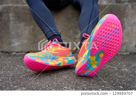 Man wearing colorful running shoes on pavement Man wearing colorful running shoes on pavement 129989707