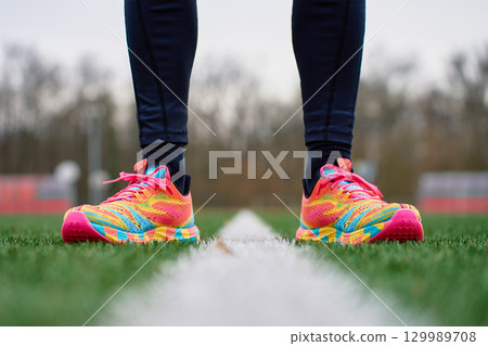 Sportsman wearing colorful running shoes on sports field grass Sportsman wearing colorful running shoes on sports field grass 129989708