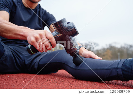 Athlete using massage gun on leg on running track 129989709