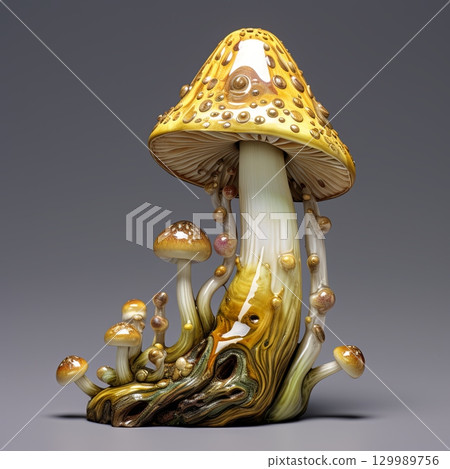 Artistic Mushroom Sculpture on Gray, Enchanting Forest Fungi, Fantasy Inspired Theme Decor 129989756