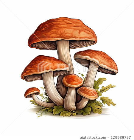 Group of Vibrant Orange Mushrooms with Textured Caps and Stems on Decorative Foliage, Isolated 129989757
