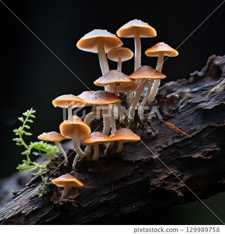 Enchanting Mushroom Colony on Mossy Log A Captivating Forest Scene for Nature Enthusiasts Enchanting Mushroom Colony on Mossy Log A Captivating Forest Scene for Nature Enthusiasts 129989758